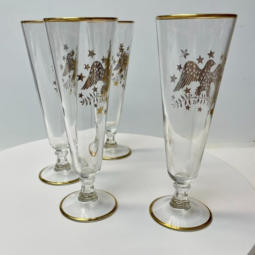 Set of 4 Vintage Champagne or Pilsner Gold Eagle Glasses with Patriotic Design - Picture 4 of 8